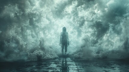 Obraz premium a silhouette of a person standing in front of a shattered mirror