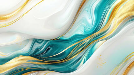 Abstract fluid composition with gold, teal, and white layers, polished metallic textures, intricate marbled patterns with smooth flowing transitions 