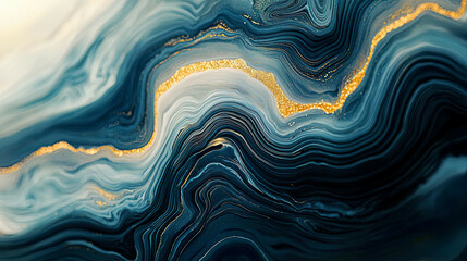 Obraz premium Abstract fluid art in shades of dark blue, gold, and white, intricate marbled patterns with flowing textures, metallic highlights, and dynamic movement 