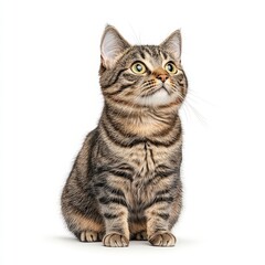 A curious tabby Ural Rex cat gazes skyward, showcasing its playful nature and distinct stripes. Perfect for pet lovers and animal enthusiasts.