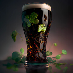 Guinness pint glass with embossed shamrocks dark background forSt Patricks Day