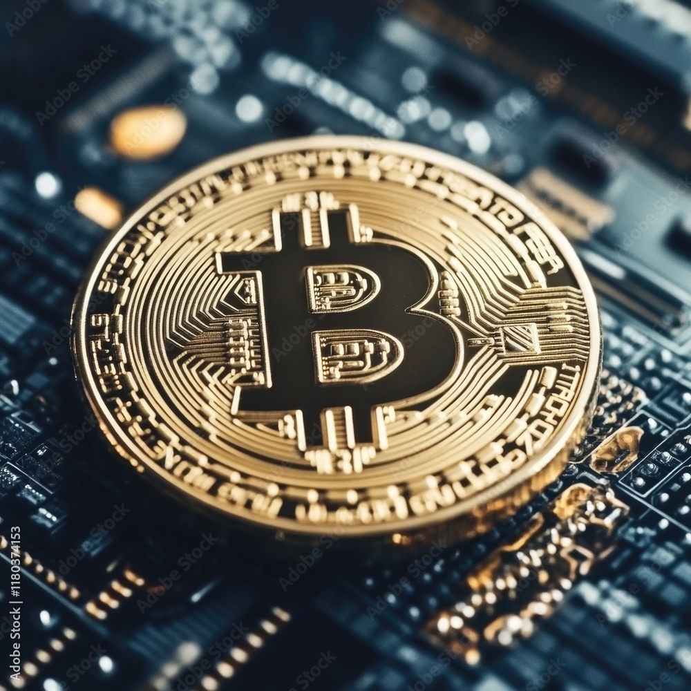 Poster a golden bitcoin sits atop a computer motherboard, great for cryptocurrency or tech-related concepts