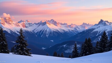 Fototapeta premium Snowy peaks glow under a vivid sunset, with warm pink and orange hues. Deep blue shadows fill the valleys, while wispy clouds enhance the serene majesty of the winter mountainscape.