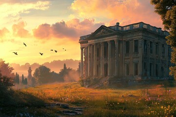 Obraz premium Majestic sunrise over a ruined neoclassical mansion.