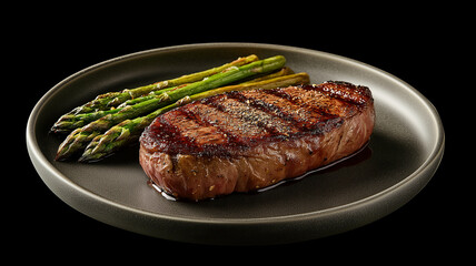 Medium-rare ribeye steak with green asparagus fine dining home cooking concept, high protein food