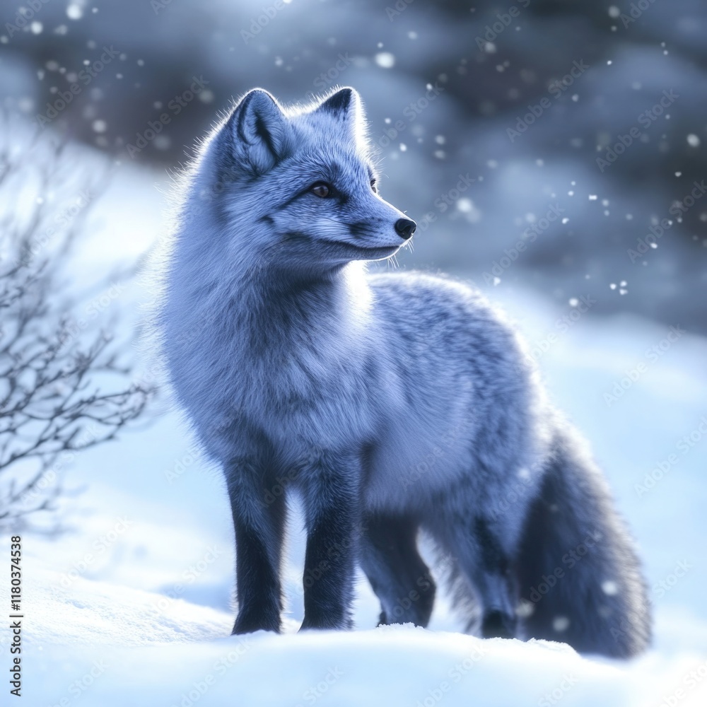 Poster a white fox stands in the snow with a bush in the background