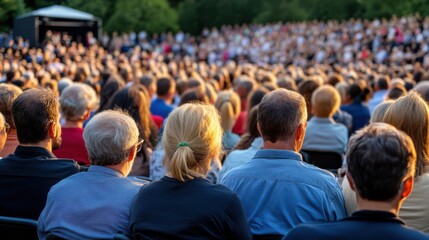 Obraz premium A large outdoor gathering is enveloped by a golden sunset, creating a serene and majestic atmosphere amidst the crowd.