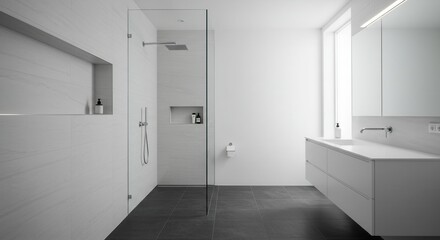 Minimalist bathroom design with modern walk-in shower and white vanity