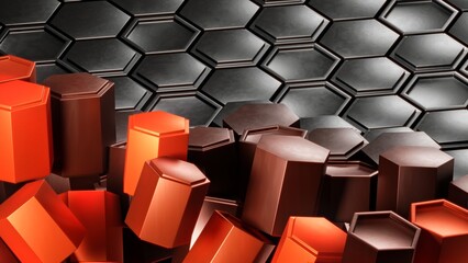 Fototapeta premium A captivating mix of metallic hexagons and vibrant geometric forms creates a striking abstract design, ideal for modern aesthetics and technology in various applications