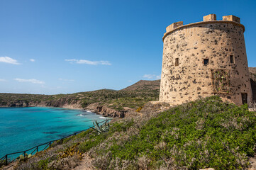 The Canai Tower in the wild landscape of the island of Sant'Antioco