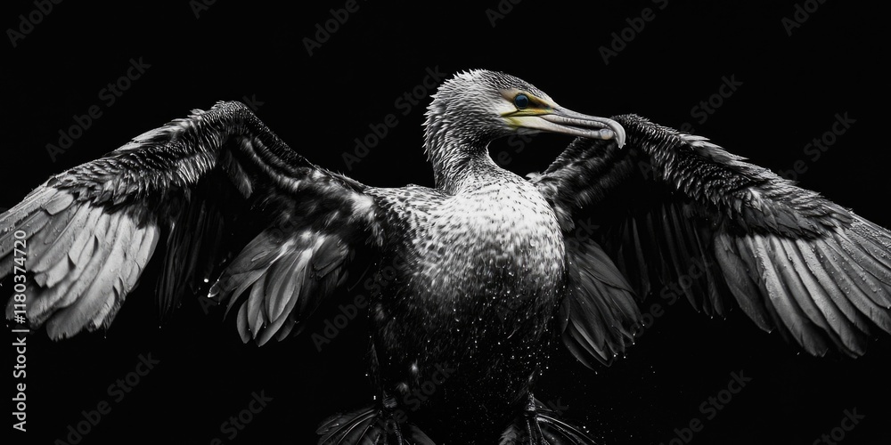 Poster a black and white photograph of a bird with its wings spread, great for use in educational or editor