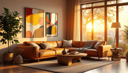 Modern japandi living room with a large window, a comfortable leather sofa, and abstract art on the walls.