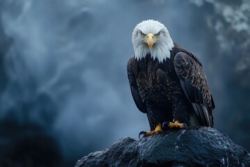 A bald eagle perched on a rocky outcropping, natural habitat