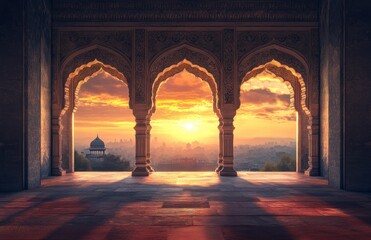 Three arches with a sunset view through them, inside an Indian temple, with warm colors, a realistic photo, and high resolution.