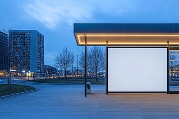 Naklejka premium Simple Blank Poster Frame at Modern Bus Stop with Subtle Lighting