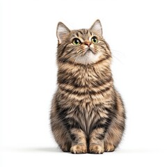 Obraz premium A curious tabby Kinkalow cat looking upwards, displaying its fluffy fur and bright eyes. Perfect for pet lovers and animal enthusiasts.