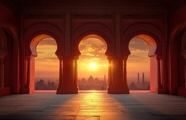 Fototapeta premium Three arches with a sunset view through them, inside an Indian temple, with warm colors, a realistic photo, and high resolution.