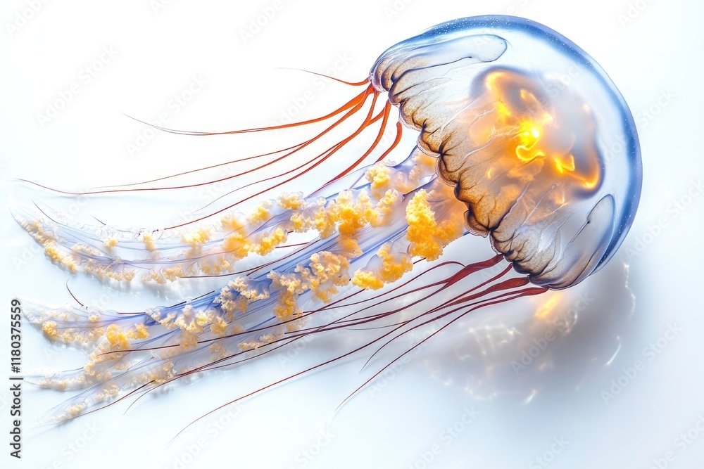 Poster a jellyfish floating on top of a white surface, great for backgrounds or conceptual scenes