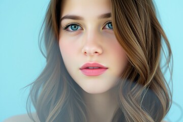 Fototapeta premium a close-up portrait of a young woman's face. She has long, wavy brown hair that is styled in loose waves and falls over her shoulders.