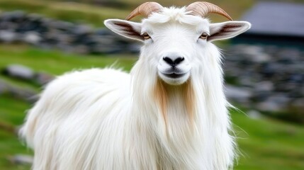 Obraz premium White goat in a grassy mountain pasture.