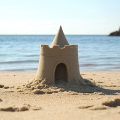 A colorful sandcastle sits atop a sandy beach, perfect for a summer vacation or tropical getaway
