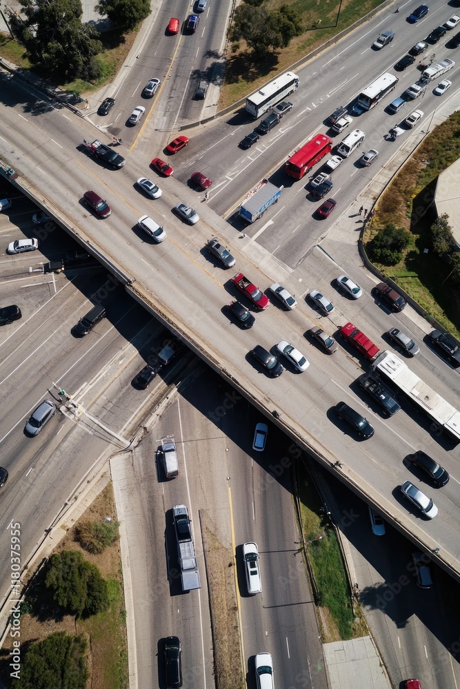 Poster busy highway intersection from above, multiple lanes and traffic signals