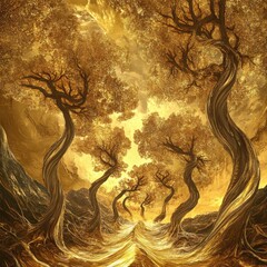 Golden Twisted Trees Enveloping A Sunlit Valley