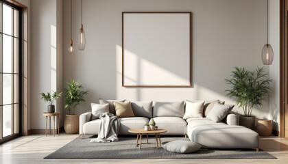 Modern japandi living room with a large white sectional sofa, a coffee table, and potted plants.