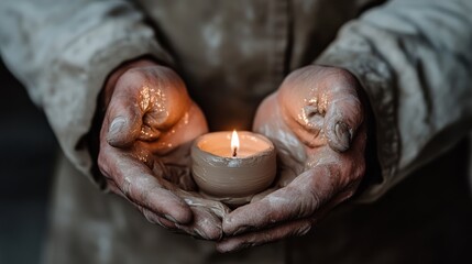 Hands gently cradle a candle infused with soft-clay texture, glowing warmly in the palms, symbolizing creation and care.