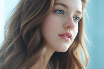 Obraz premium a close-up portrait of a young woman's face. She has long, wavy brown hair that is styled in loose waves and falls over her shoulders.