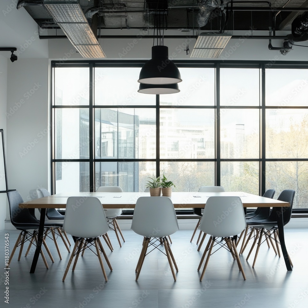 Poster a table and chairs placed in a room with large windows