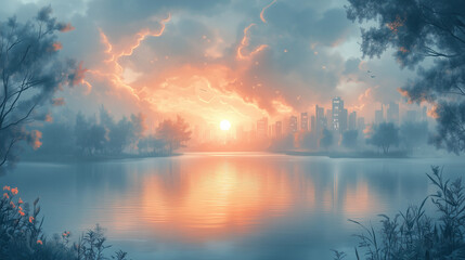 Breathtaking cityscape bathed in dramatic light, with towering buildings and vibrant clouds framing the horizon.