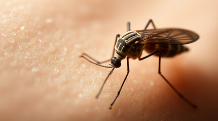 Close-up of a mosquito feeding on human skin.  Detailed view of insect legs and wings.