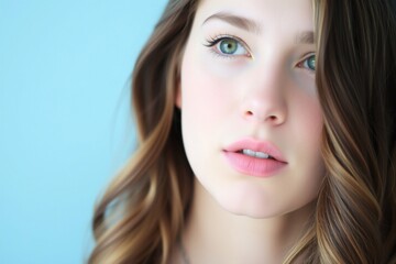 Obraz premium a close-up portrait of a young woman's face. She has long, wavy brown hair that is styled in loose waves and falls over her shoulders.