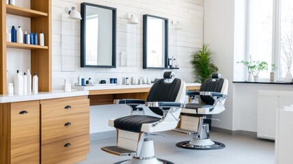 Modern and Stylish Hair Salon Interior with Sleek Chairs, Mirrors, and Well-Organized Products on Shelves