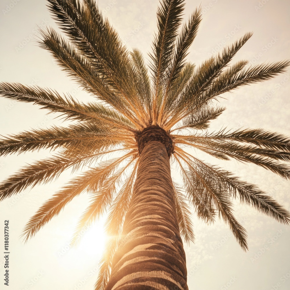 Poster A palm tree with sunlight passing through its fronds, highlighting its unique shape and texture