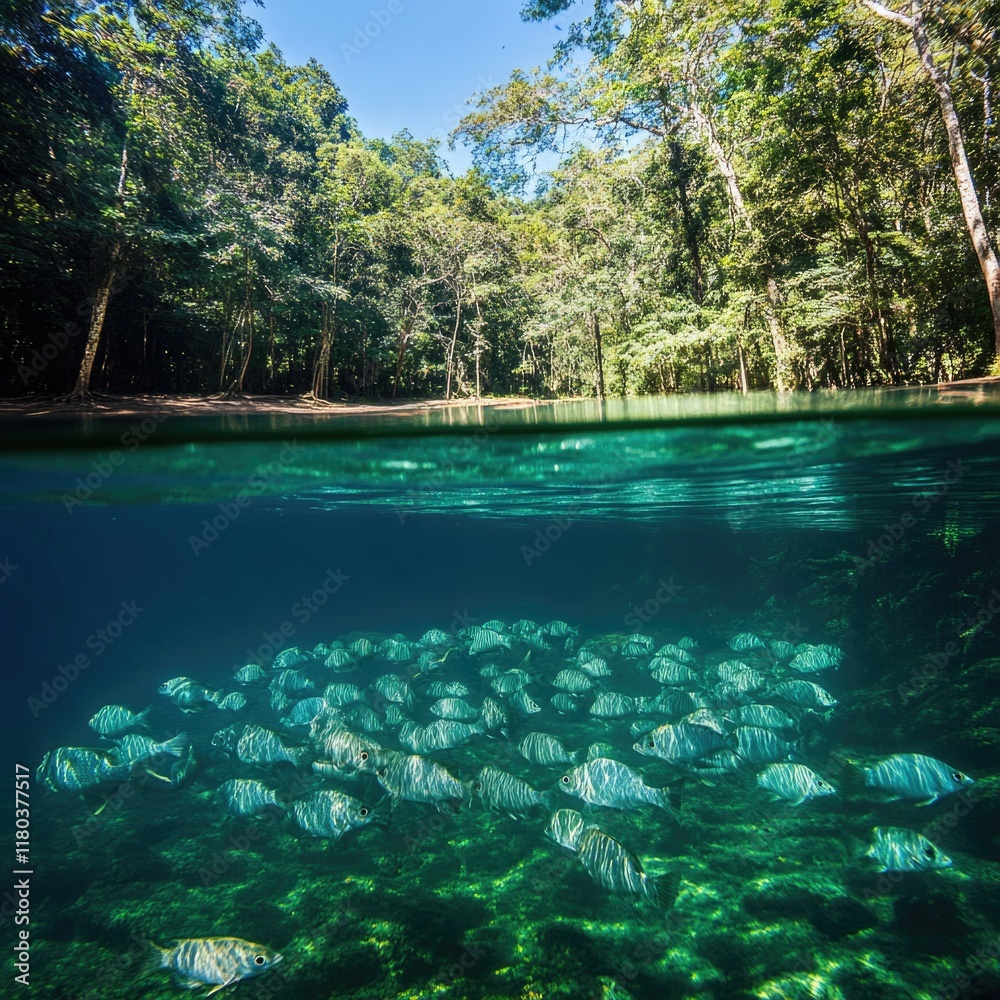 Poster group of fish swimming together in the ocean or sea, suitable for use in environmental or conservati