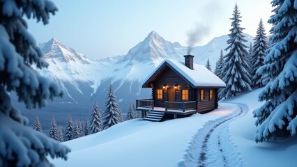 Cozy cabin on a snowy mountain slope. Warm light glows from the windows as smoke rises from the chimney. Snow-covered pines and a winding path complete the serene winter retreat.