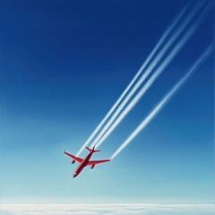 A small red airplane soaring through a clear blue sky