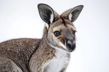 Fototapeta premium A close-up shot of a kangaroo standing in the snow, looking around