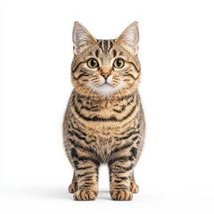 Fototapeta premium A cute and playful tabby Toyger cat with striking features stands confidently against a white background, showcasing its unique markings.