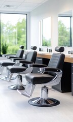 Fototapeta premium Modern Barbershop Interior with Sleek Black Chairs and Bright Windows Overlooking Greenery