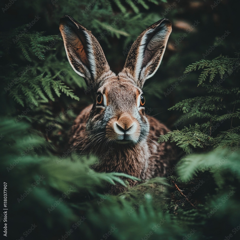 Poster a close-up shot of a curious rabbit gazing directly into the lens