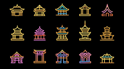 Neon Outline Asian Pagodas Collection on Black Background.