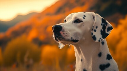 Face of a Dalmatian with golden autumn mountains in the background generative ai