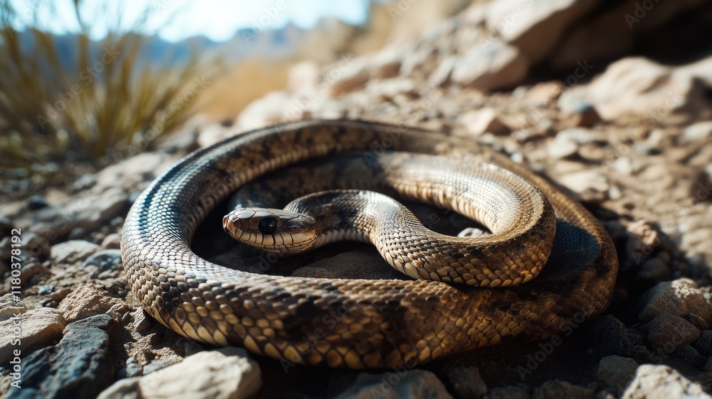 Poster a snake curls up on a rocky terrain, its body twisted in a spiral shape