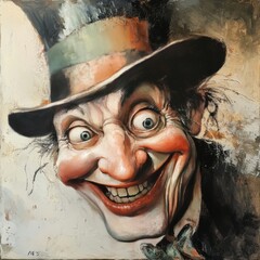 Unique artwork featuring a smiling character with exaggerated features and a top hat in an artistic style