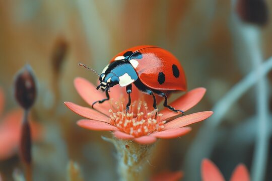 A small ladybug sits on the top of a bright pink flower
