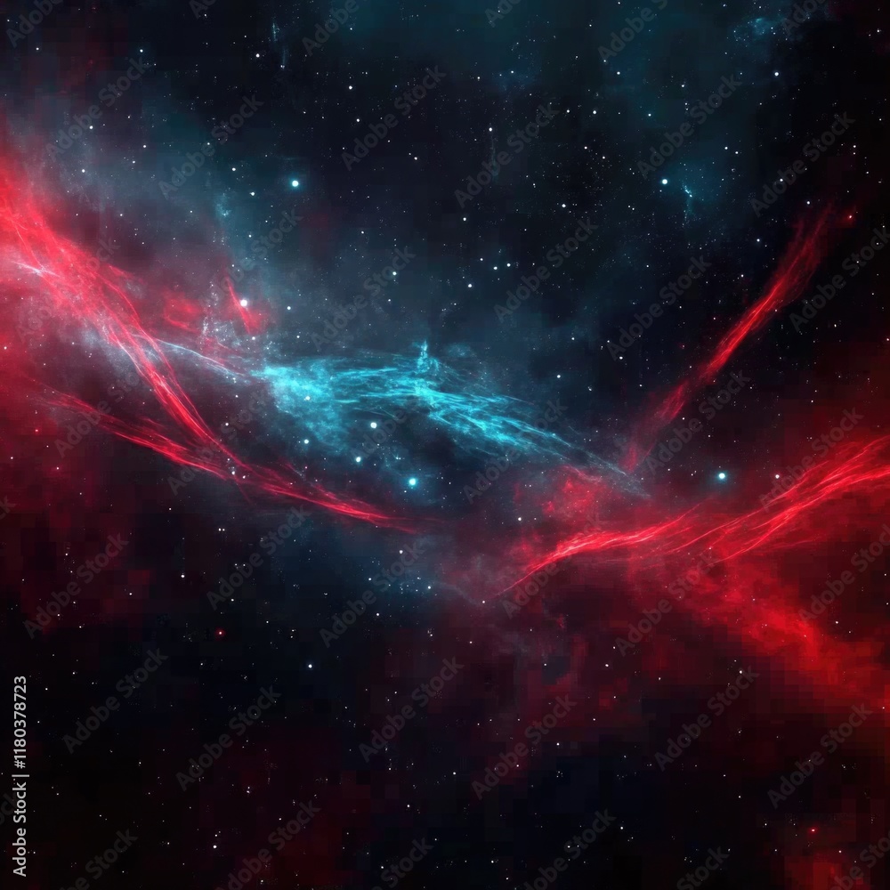Poster a stunning image of a red and blue nebula with stars shining bright in the background, perfect for s