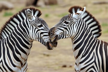 Fototapeta premium Two striped zebras stand side by side in a grassy area